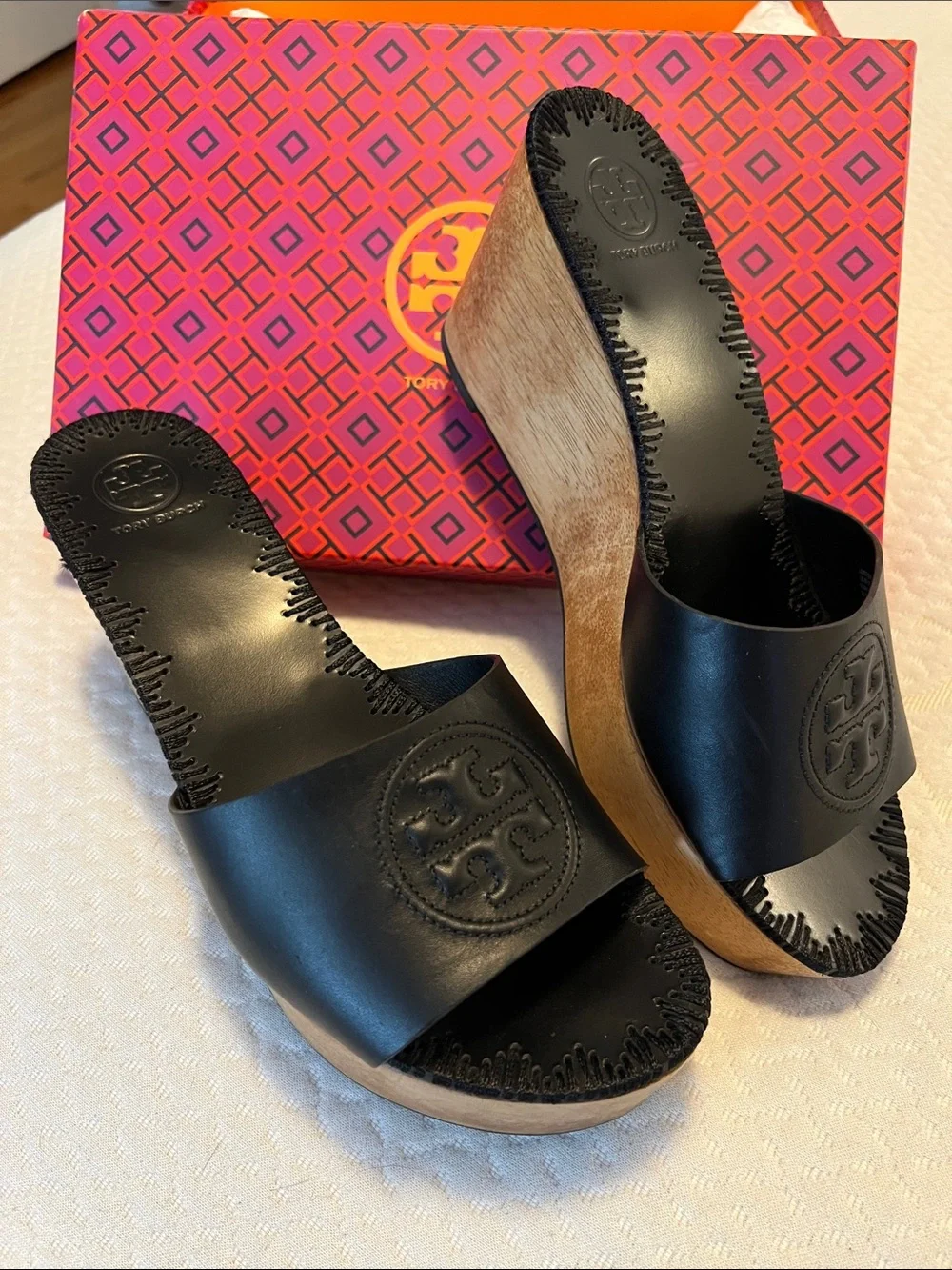 Tory Burch Black Leather Wood-Platform Slide Wedges